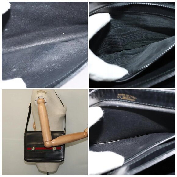 GUCCI Web Sherry Line Shoulder Bag Leather Black Gold - Picture 14 of 14